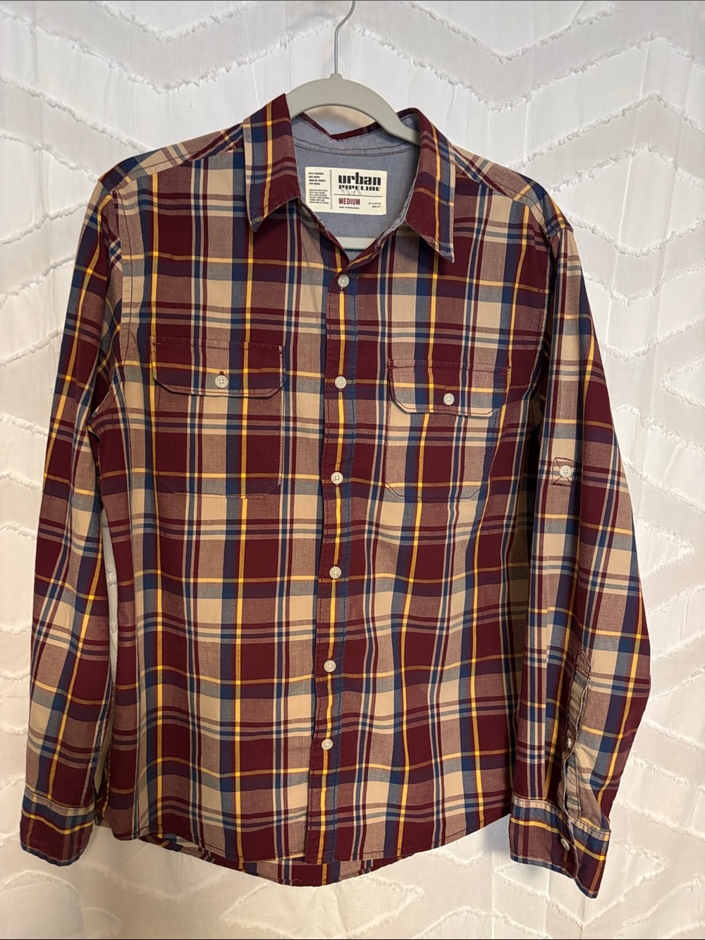 urban pipeline Burgundy, Cream & Navy Plaid Long-Sleeve Button-Up Shirt